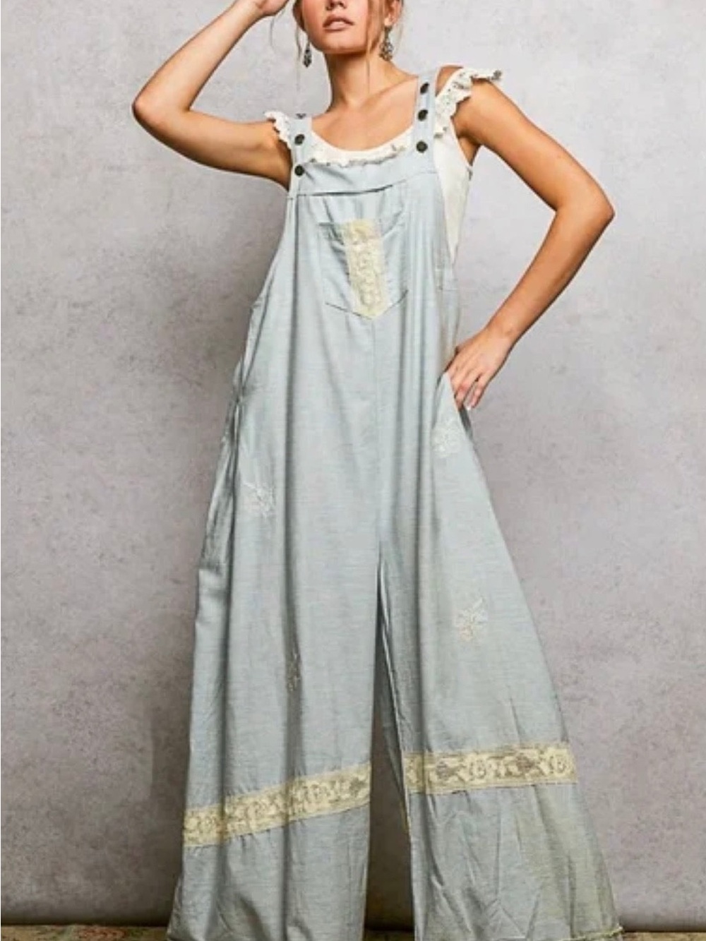 POL Boho Wide-Leg Overalls in Light Blue with Crochet Detailing - Picture 14 of 16